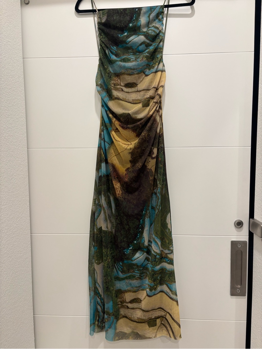 Zara Strapless Marble-Print Maxi Dress in Teal, Olive, and Tan